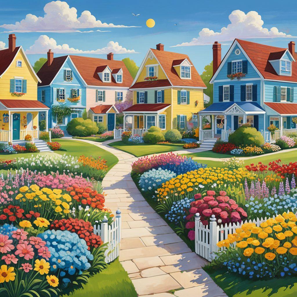 A whimsical illustration of a cheerful neighborhood, featuring colorful houses with blooming gardens, smiling families, and playful pets. A bright sun in a clear blue sky illuminates the scene, symbolizing joy and happiness in homeownership. Include a subtle pathway winding through the neighborhood, leading to a welcoming home. The overall mood should be inviting and uplifting, evoking a sense of community and warmth. vibrant colors. illustration.