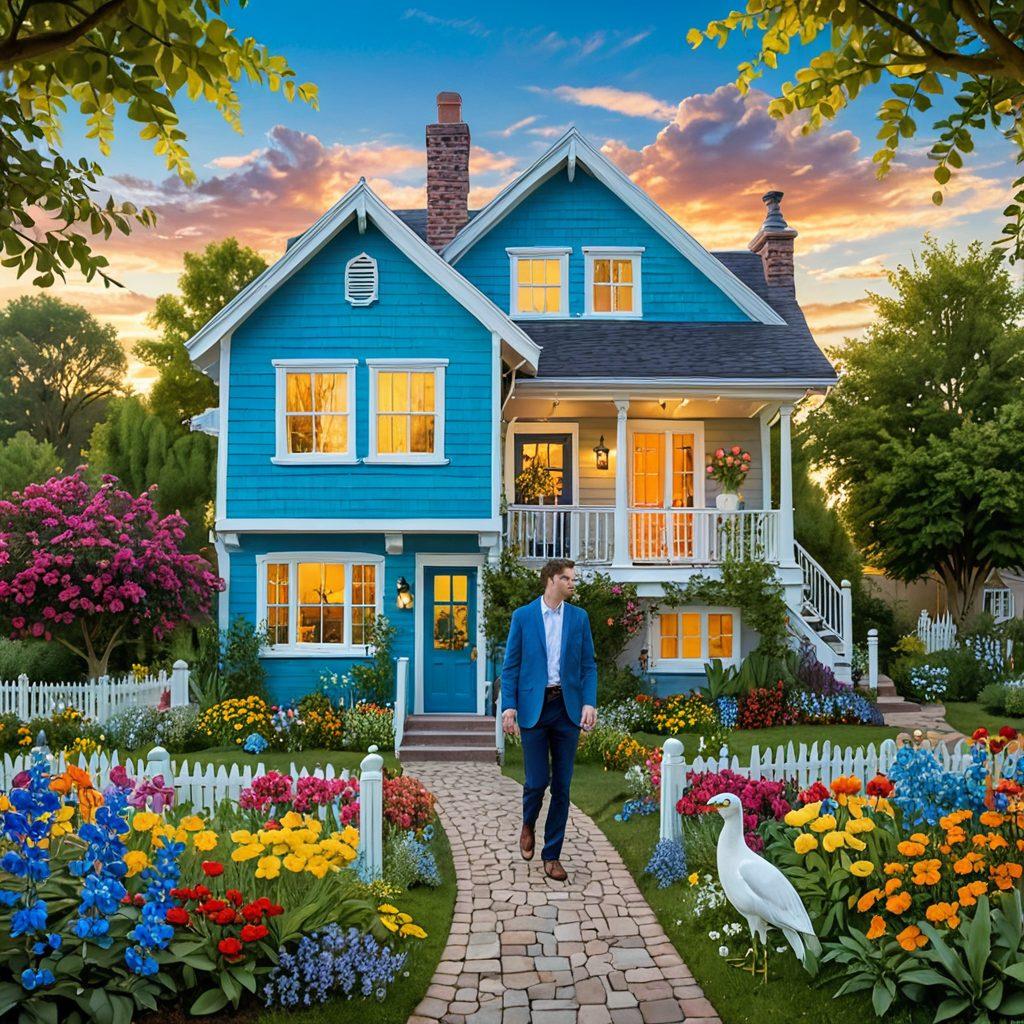 A whimsical illustration showcasing a joyful couple holding house keys, standing in front of their new colorful home surrounded by blooming flowers and a bright blue sky. A subtle pathway leads to the house, symbolizing the journey of homeownership. Cheerful birds flutter around, capturing the theme of hope and new beginnings. cartoon style. vibrant colors. sunny atmosphere.