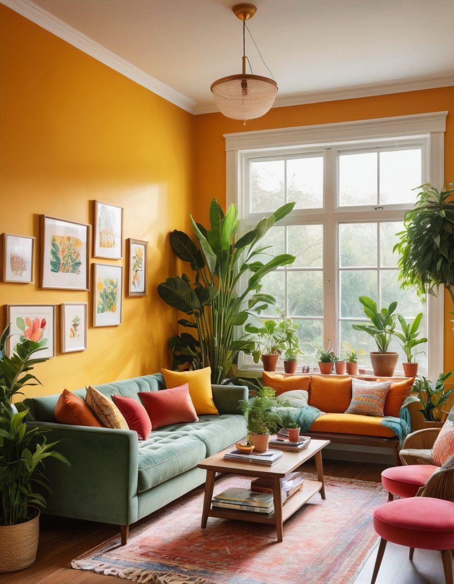A cozy living room filled with vibrant greenery, warm lighting, and colorful decor that reflects joy and comfort. Include a stylish sofa with bright cushions, a small bookshelf with happy family photos, and a window with sunlight streaming in. Add elements like indoor plants and cheerful artwork on the walls to evoke a sense of transformation and positivity. super-realistic. vibrant colors. warm tones.